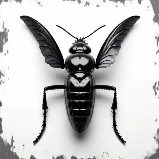 A full-body view of a black insect, with a grunge aesthetic, on a plain white background, high contrast, dark colors, with detailed textures and intricate patterns, in a wide shot, with the insect's legs and antennae fully visible