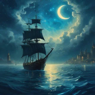 Ethereal Marc Simonetti style: crescent moon, starry night sky, blue steampunk sail ship in mist