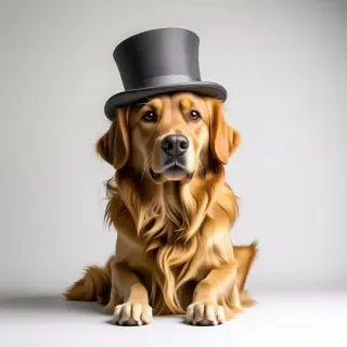 A full body golden retriever wearing a grey top hat