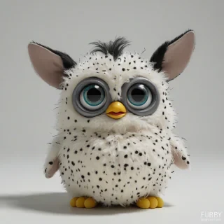 A full-body view of a vintage Furby toy, primarily white with distinct black spots, sitting on a plain white background, with a wide-angle shot and soft, natural lighting, in a digital art style with bold lines and vibrant colors, on a plain white background, even lighting 