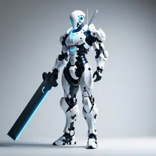A mecha warrior man with white futuristic armor with neon blue accents, full-body view, wide shot, feet visible, standing on a plain white background, with a humongous sword with a large flat rectangular blade slung on his shoulder as he tightly grips the handle with one hand, dynamic shadows, hard rim light, digital art style, he is standing in a confident pose, his weight shifted onto the leg opposite of the arm holding the sword and his other leg planted firmly in front of him, highly detailed, intricate armor design, armor panels, neon blue glow, metallic sheen, sharp edges, rugged texture, dramatic lighting, intense atmosphere