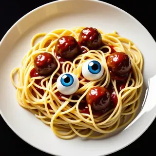 A plat of spaghetti but with eyeballs instead of meatballs