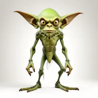 kentucky goblin, large head and goblin ears, broad chest, very long arms and slender lower body