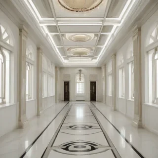 Art deco style interior design, wide shot, full-body view, on a plain white background