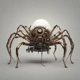 steampunk style pod with mechanical, robotic, extending spider legs, on a plain white background, even lighting