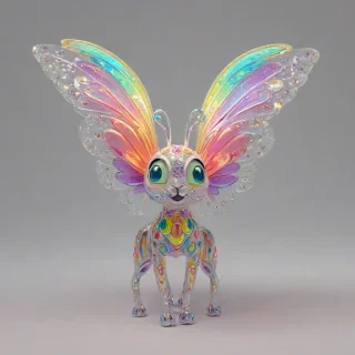 cartoon animation style, lovable, cute, brightly colored quadruped, short body, rounded features, sweet expression on its face, with delicate, intricately designed wings and a sparkly aura, on a plain white background, even lighting