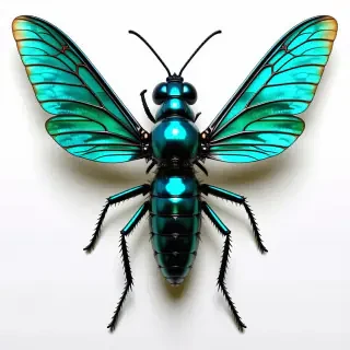 a full-body view of a teal-colored, intricately detailed insect, with iridescent wings and a metallic exoskeleton, set against a plain white background, in a dark fantasy style, with dramatic shadows and intense lighting, reminiscent of a mystical and ancient forest