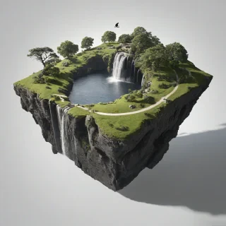 A photorealistic, black, floating island, with a wide shot, full-body view, set against a plain white background, with dynamic shadows and a hard rim light, in a cinematic style, with a bird’s eye view perspective