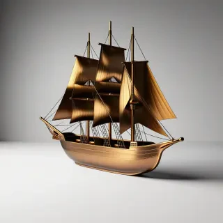 A bronze ship, minimalistic style, wide shot, full-body view, plain white background, with clean lines and simple shapes, bronze color palette, no textures, no complex details, no background elements