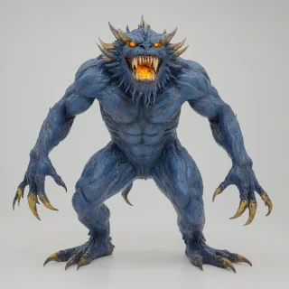 A large, indigo-colored monster with sharp teeth and glowing yellow eyes, standing in a wide shot with its feet visible, set against a plain white background, in a contemporary art style with bold brushstrokes and vibrant colors, on a plain white background, even lighting 