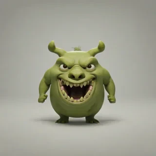 animation style, olive green ogre, with a pig nose, big pointy ears, large fangs, rounded features, kid friendly, on a plain white background, even lighting