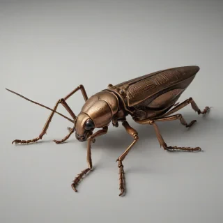 A highly detailed, realistic bronze-colored insect, such as a beetle or a grasshopper, with a full-body view and its feet visible, on a plain white background, with a wide-angle shot and soft, natural lighting, in a realistic art style with intricate textures and patterns, on a plain white background, even lighting, on a plain white background, even lighting 