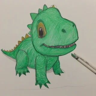 young kid's crayon drawing of a green dinosaur, wide angle shot, full  dinosaur visible, on a plain white background, even lighting