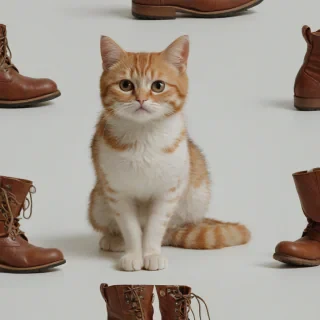 Puss in boots, on a plain white background, even lighting 