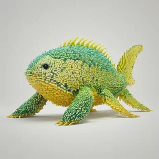 A full-body view of a vibrant, citron sea creature, with intricate pixel art details, set against a plain white background, in a wide shot, with the creature's entire body visible, including its feet or appendages, in a digital art style, with a soft, pastel color palette and subtle shading, on a plain white background, even lighting