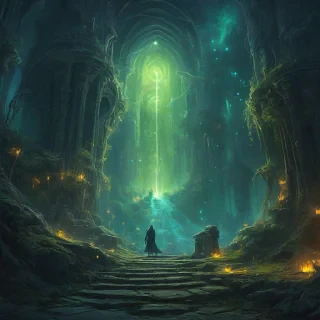 Marc Simonetti style fantasy scene with glowing magic wisps at night
