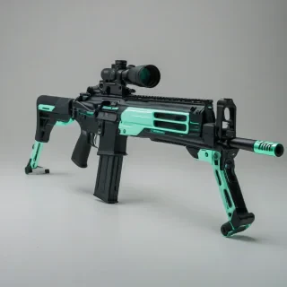 A futuristic, high-tech, mint green, cyberpunk-themed rifle with neon lights and metallic accents, in a wide shot, full-body view, on a plain white background, with a dark and gritty atmosphere, and a sense of advanced technology