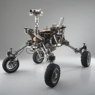A detailed, realistic, full-body view of a rover, set against a plain white background, with a metallic indigo color scheme, intricate mechanical details, and a sense of dynamic movement, as if it's about to explore a distant planet, captured in a wide-angle shot with the rover's wheels and antennae fully visible, under a soft, natural light with subtle shadows to enhance the texture and depth of the indigo metallic surface, on a plain white background, even lighting 