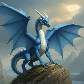Michael Whelan and Marc Simonetti art style of a blue and white dragon
