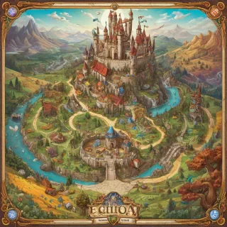 A detailed, colorful, and intricate board game with a medieval fantasy theme, featuring rolling hills, mythical creatures, and a large, ornate castle in the center, set against a plain white background, in a wide shot with the entire game board visible, created in a digital art style with vibrant colors and dynamic lighting, on a plain white background, even lighting 