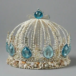 sea princess crown made of pearls, shells, and aquamarine crystals, on a plain white background, even lighting
