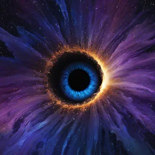 Digital art of a close up of a magical vortex shape like an iris, the vortex has a black hole in the center, with the iris edges being raised and textured with electric sparks, profile view, vibrant rainbow accent colors, dramatically billowing blue and purple space dust, Michael Whelan and Jeremy Mann influenced art styles, intense mood