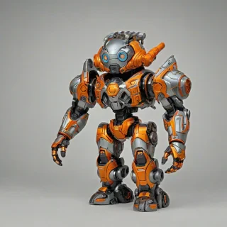 A stylized, Funko Pop-inspired steel orange mech suit, full-body view, wide shot, with intricate Gothic details, ornate metallic plating, and bold, flat colors, on a plain white background, with high contrast and a single rim light, in a cartoonish, 2D style, with the mech suit's feet visible and its arms at its sides., on a plain white background, even lighting