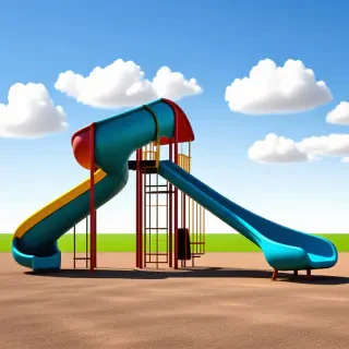 A colorful kids playground slide, made of metal, with a wide and winding shape, set against a plain white background, in a full-body view, with the slide's ladder and steps visible, under a bright and sunny sky with a few puffy white clouds, in a digital art style with bold lines and vibrant colors