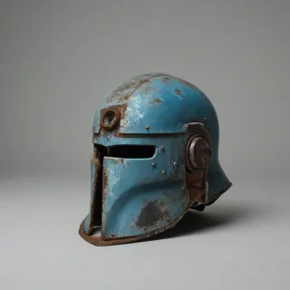 worn, rusted kleos helmet, on a plain white background, even lighting