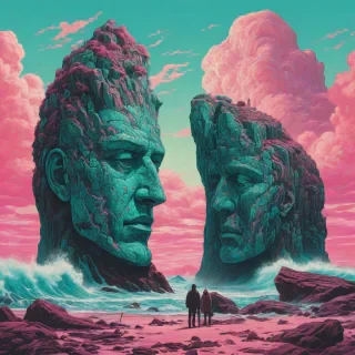 A retro-psychedelic dreamscape where colossal stone faces emerge from swirling turquoise waves, glitching into vibrant pink skies. Vintage explorers stand at the edge of reality, caught between ocean chaos and cosmic stillness.
