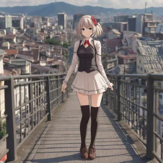 Make an anime girl standing on a bridge in an anime city