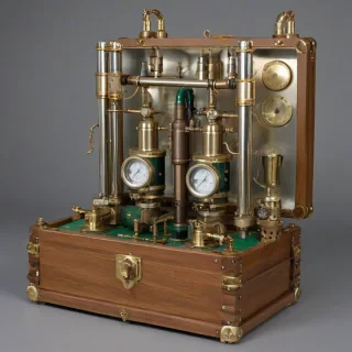 A steampunk-style mechanical device made of metal and wood. The main body is a wooden and metal-framed box housing two green energy canisters with rune-like metal engravings. The front features brass knobs and gauges for monitoring energy or pressure. Metal pipes extend from the sides, connecting to a cylindrical unit with diamond-shaped decorations. Antennas and mechanical rods are mounted on the top and back, blending magic with technology for a mysterious and advanced look, on a plain white background, even lighting 