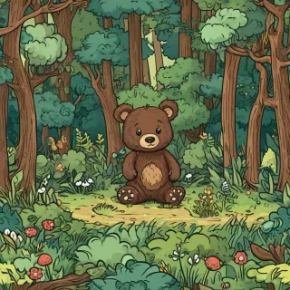 Cartoon baby bear in a cartoon forest