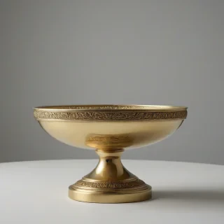 A highly detailed, brass pedestal bowl with an ornate golden finish, featuring an elegant curve and a wide, sturdy base, placed on a plain white background, in a wide shot with the entire bowl visible, including the base and the interior, with soft, natural lighting and a subtle sheen to the brass, in the style of a high-end still life photography, on a plain white background, even lighting 