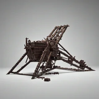 full-body view of a post-apocalyptic siege weapon made of chocolate, on a plain white background