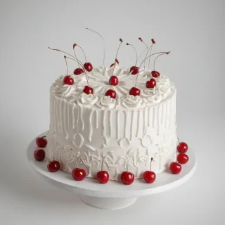 A white cake with intricate white piping designs and red maraschino cherries on top, full-body view, plain white background, digital illustration style, soft natural light, wide-angle shot, on a plain white background, even lighting 