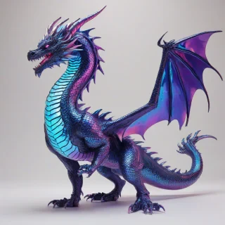 A large, majestic dragon with iridescent navy blue scales, set against a plain white background, in a synthwave art style with neon accents and vibrant, pulsing lights, full-body view with claws and wings visible, in a wide shot with a slight low-angle perspective to convey power and grandeur