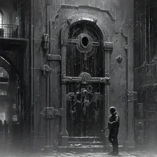 Digital silhouette art of something locked, include a giant lock and a scene bustling with details, accent black and white colors, Michael Whelan and Jeremy Mann influenced art styles
