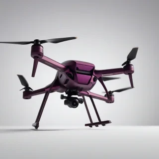 A modern, plum-colored drone with sleek lines and geometric shapes, captured in a wide shot with its rotors visible, on a plain white background, with a subtle gradient of light to dark plum tones, and a sense of dynamic movement, in the style of modernist architecture and design, on a plain white background, even lighting