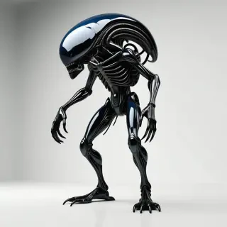A highly detailed, steel blue, hyperrealistic alien with a full-body view, wide shot, and feet visible, standing on a plain white background, with dynamic shadows and a hard rim light, in a digital art style