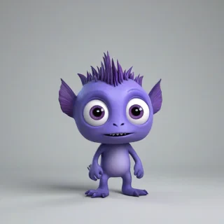 3d cartoon animation, periwinkle colored monster , with purple mohawk, purple fish fins, big eyes, mischievous look on its face, full body visible, on a plain white background, even lighting