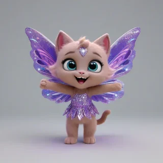 A cartoon style cute kitten fairy, with a lilac colored sparkly dress, colorful wings, with a smile, in 3D animation style, full-body view, with bright and vibrant colors, wearing sparkly dress, standing on a plain white background, with a wide-angle shot, and dynamic lighting, featuring a small, rounded body, large eyes, and a tiny nose, with a happy and playful expression, on a plain white background, even lighting