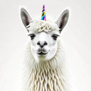 A llama with fluffy and curly white fur and a unicorn horn