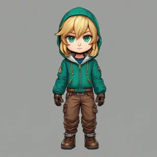 Extremely chibi RPG character in strict T-pose, green hooded jacket, brown pants, blue eyes, blonde hair, thick gloves, full-body, comic-toon style, clay-like texture, vibrant colors, high detail, plain white background
