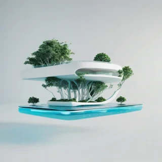 A futuristic, cyan, floating island with sleek, modern architecture and lush greenery, set against a plain white background, full-body view, wide shot, with visible horizon and subtle, dynamic shadows, in the style of modernist digital art, on a plain white background, even lighting 
