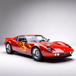 A full-body view of a sleek, ruby red, vintage sports car with a vaporwave aesthetic, set against a plain white background, with orange flames painted on the side of its glossy surface, and a wide-angle shot to capture its curves and lines, in a digital art style with vibrant, pastel colors and subtle gradients, with a racing stripe running along its side and a spoiler at the back, and a pair of vintage-style antennae on the hood, but with specks of orange, green, and bright pink paint splattered randomly across its surface.