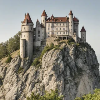 exterior of beautiful castle on a cliff, on a plain white background, even lighting