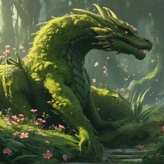 Andreas Rocha and Syd Mead art style of a flower dragon with green mossy skin with flowers