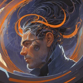 Syd Mead art style close-up of a man's face with orange spirals escaping the back of his head in a dreamlike scene surrounded by swirling, ethereal, mystical light. His head is evenly split down the middle, with gentle, delicate, hair-like tendrils emerging from the crack formed, with soft, serene atmosphere.