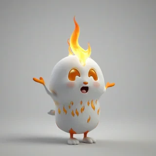 3d animation cartoon of cute flame spirit, cute, small features, rounded features, sweet expression on its face, on a plain white background, even lighting